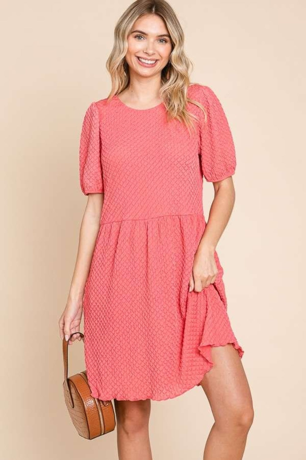 Full Size Textured Round Neck Puff Sleeve Dress