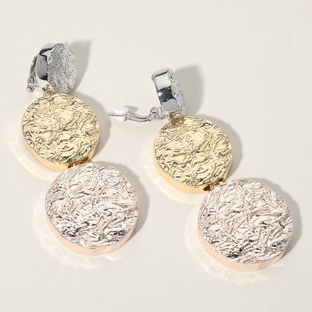 Oversized Chunky Metal Disc Link Dropdown Clip On Earrings