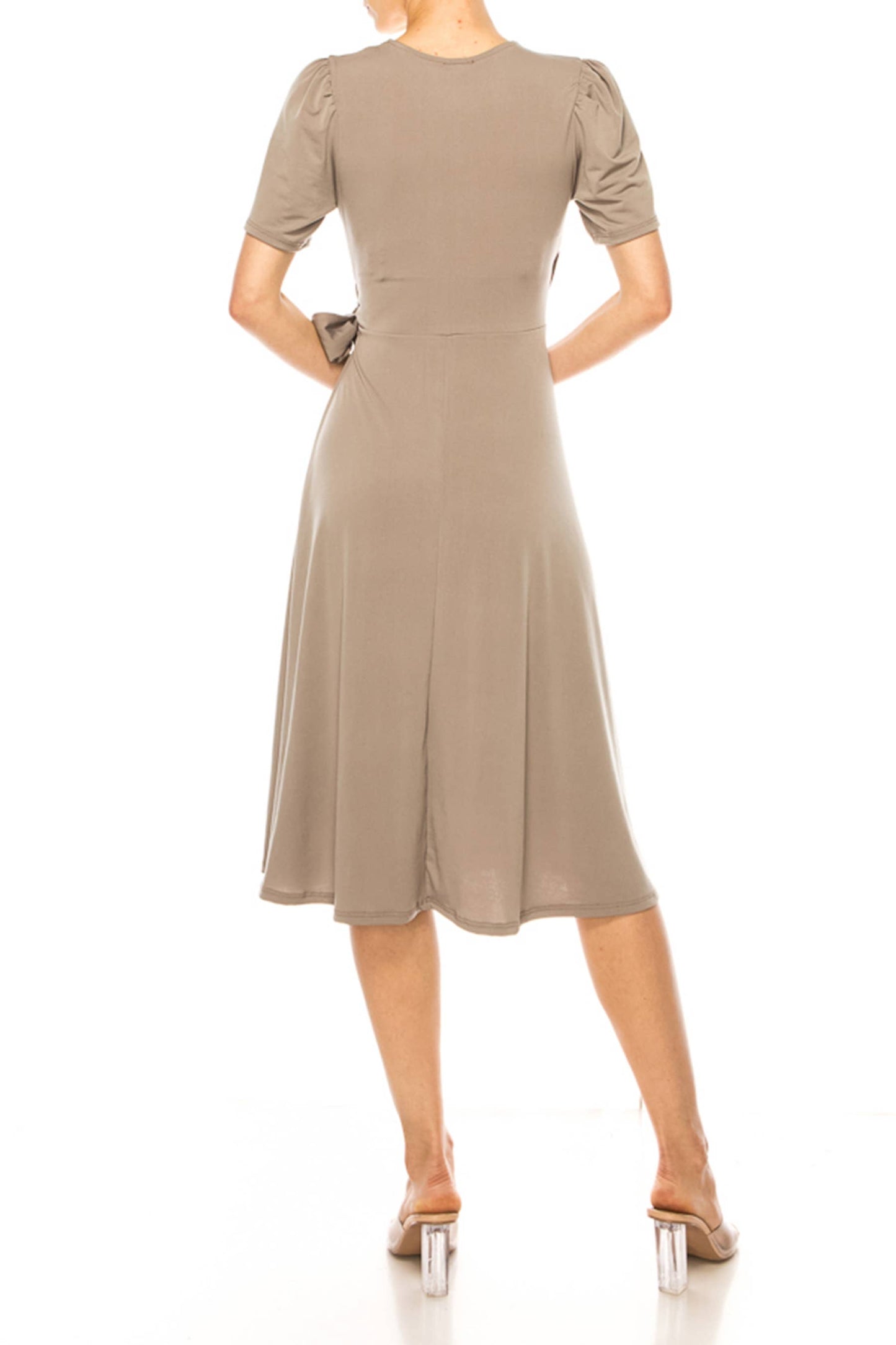 Stylish Solid Faux Wrap Dress with Deep V-Neck
