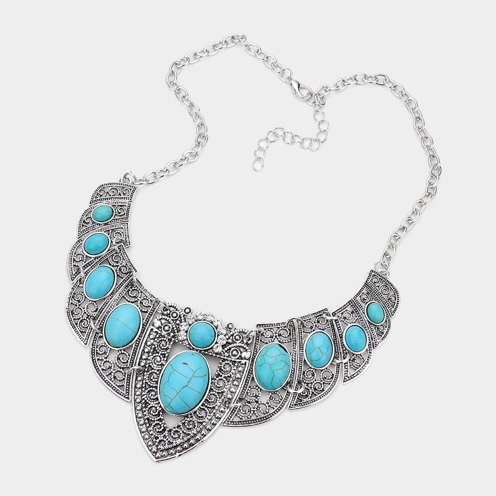 Antique Metal Natural Stone Embellished Necklace
