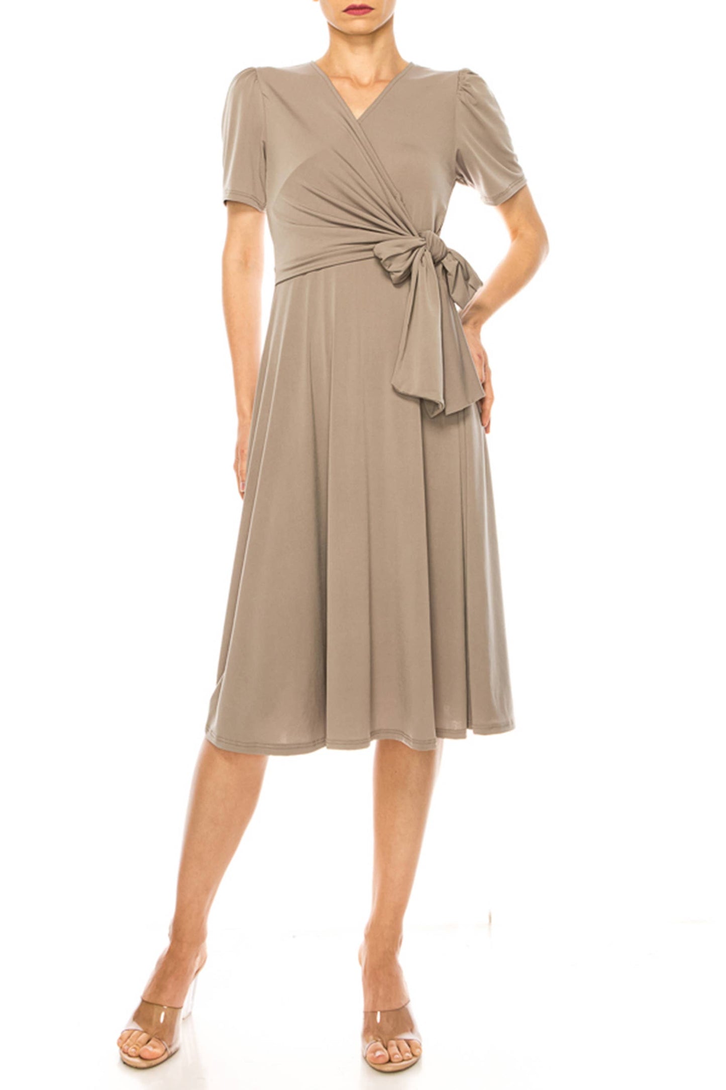 Stylish Solid Faux Wrap Dress with Deep V-Neck