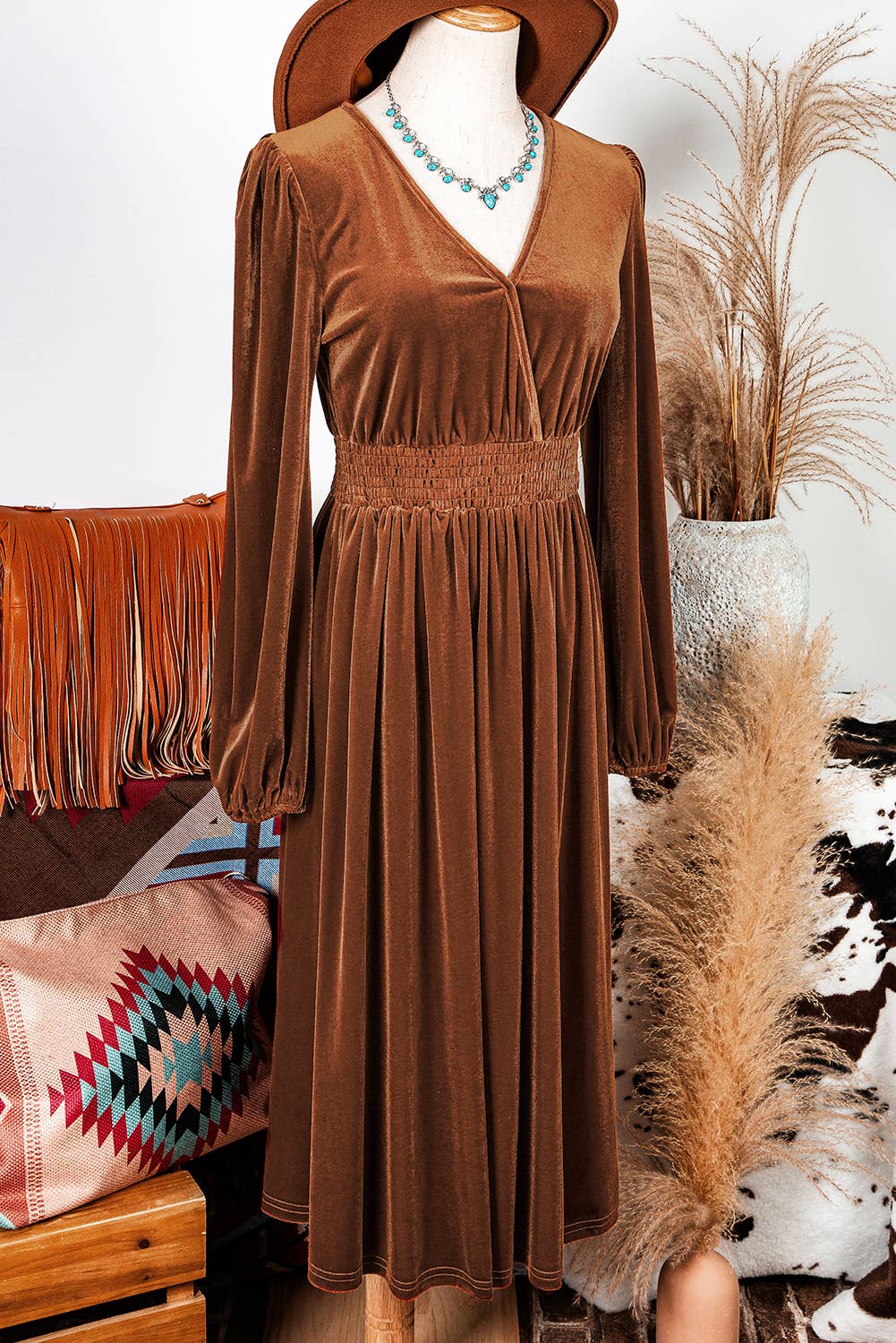 Fashion-W V Neck Smocked High Waist Velvet Midi Dress