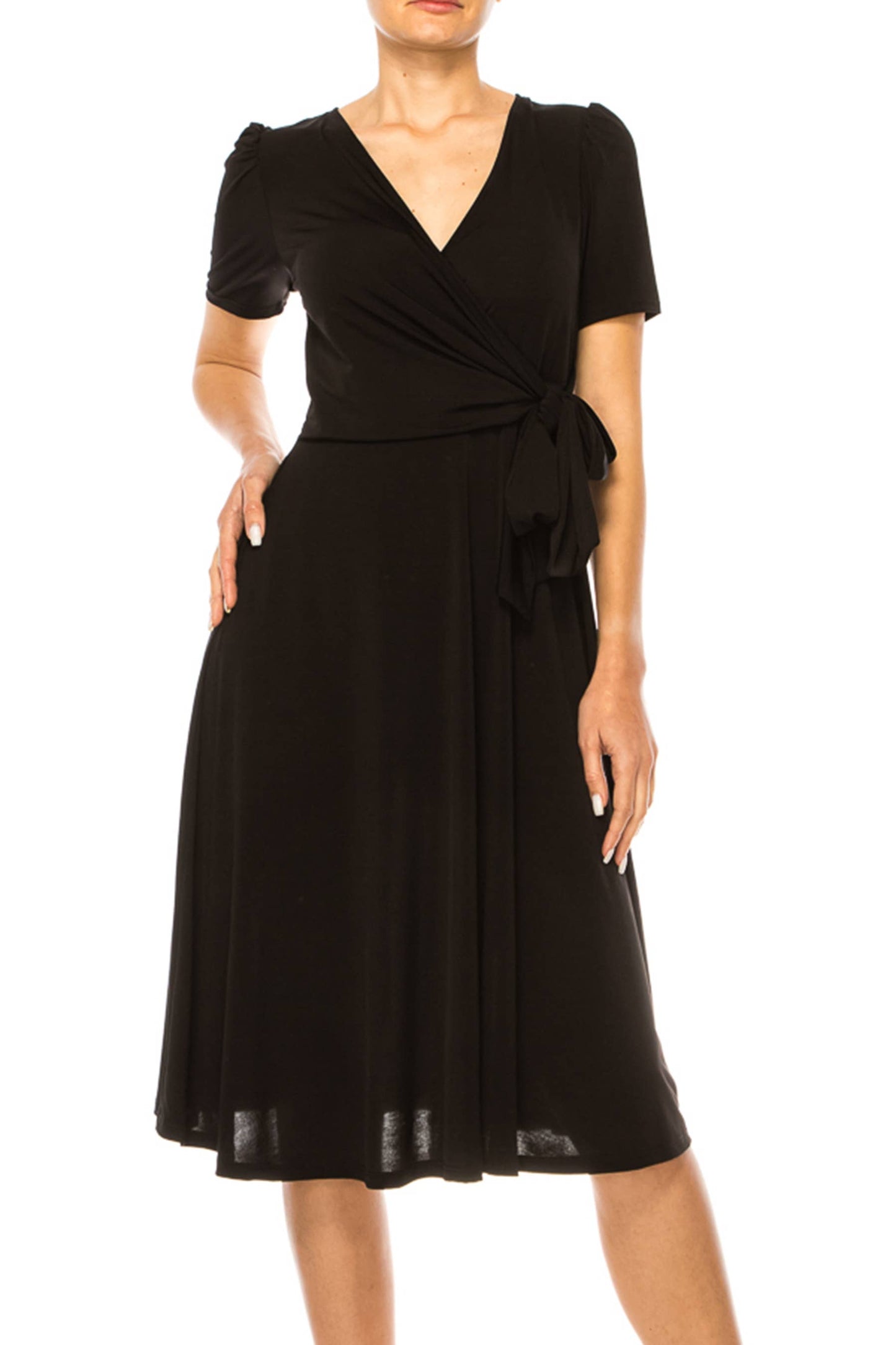 Stylish Solid Faux Wrap Dress with Deep V-Neck