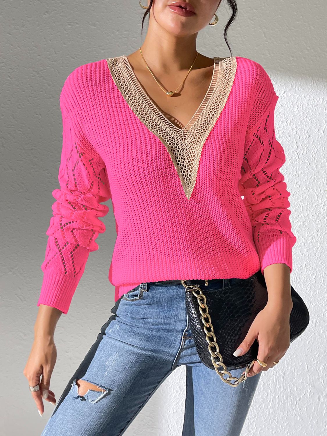 Openwork V-Neck Long Sleeve Sweater