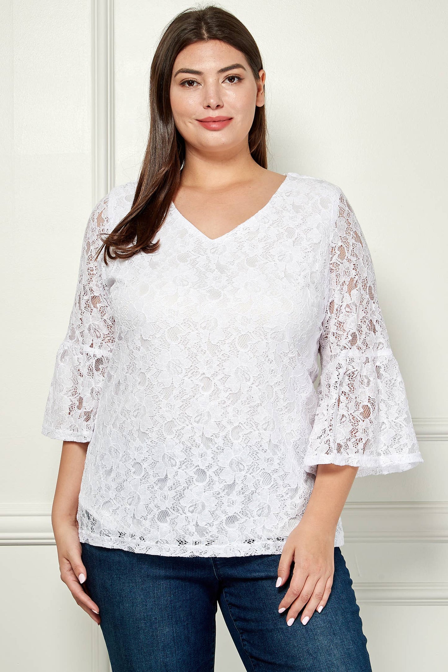 PLUS SIZE V- NECK ELBOW SLEEVE LACE TOP G9018250PX