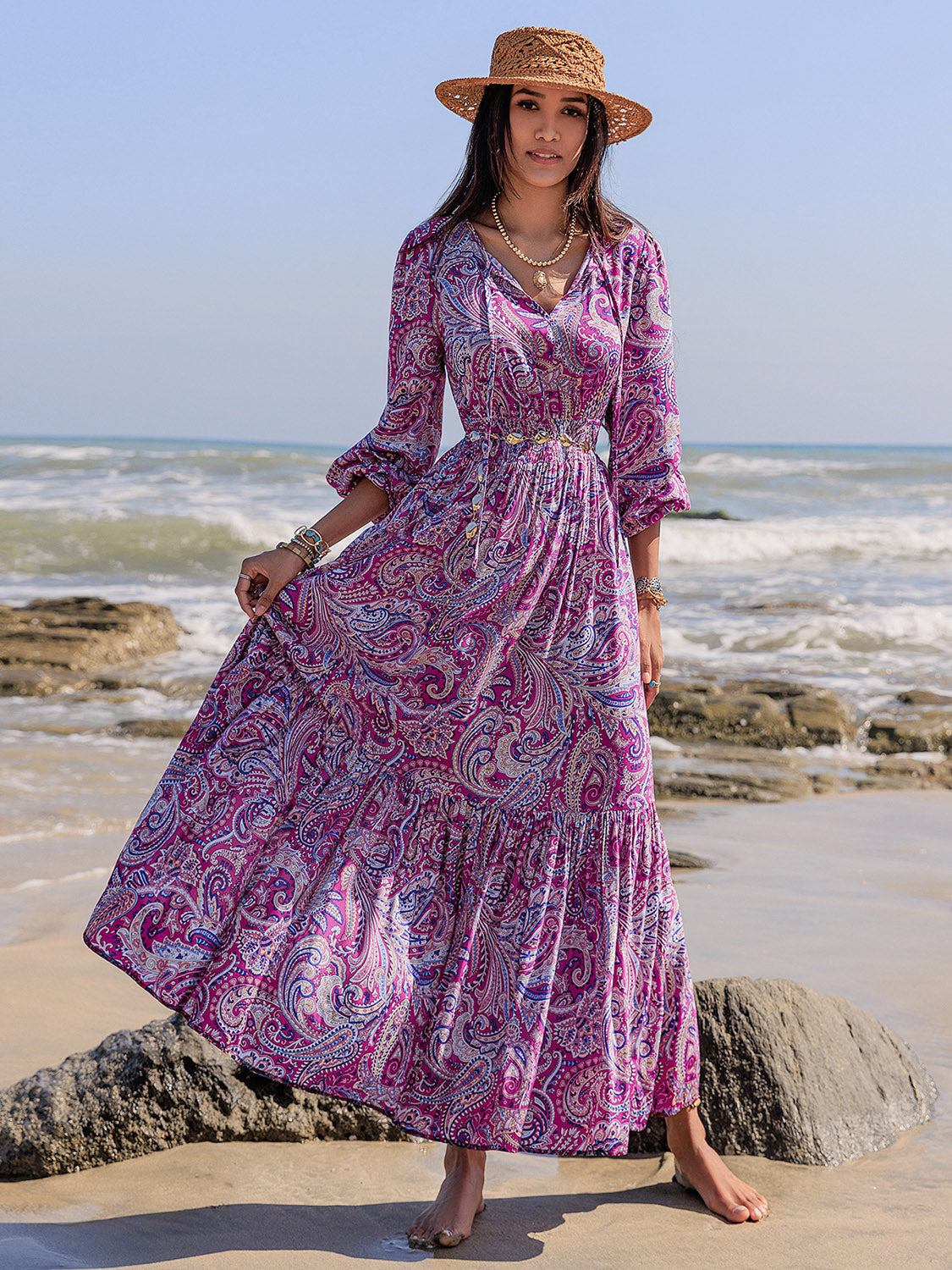 Printed Tie Neck Balloon Sleeve Maxi Dress