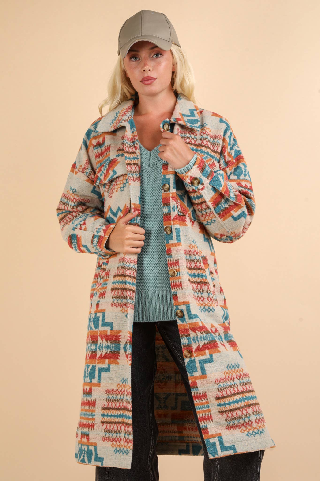 NJ90325-Aztec & Plaid Printed Shacket Jacket Coat