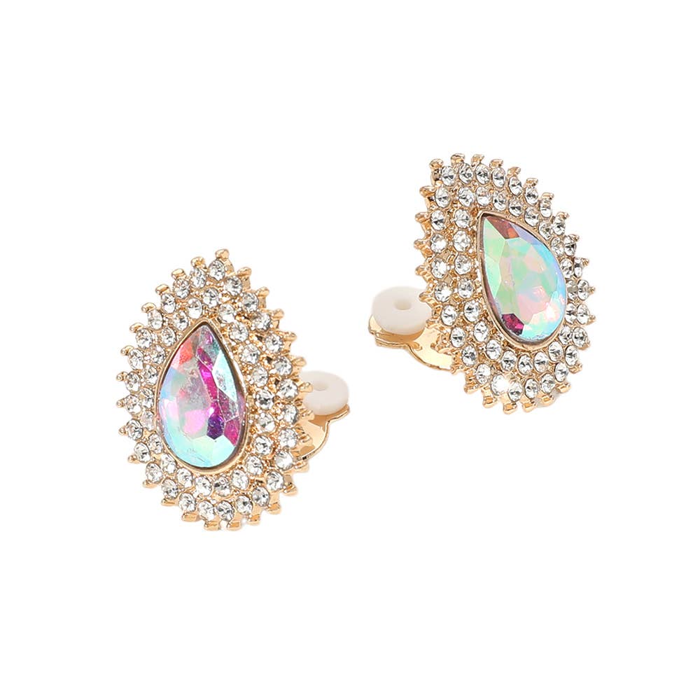 12Pairs - Teardrop Glass Stone Cluster Clip On Earrings