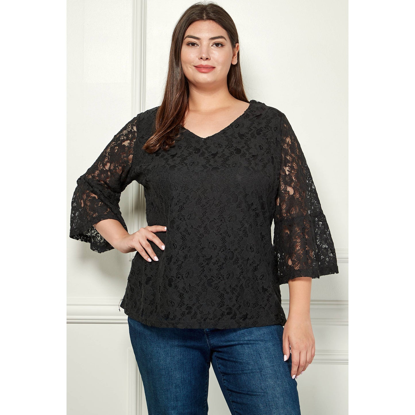PLUS SIZE V- NECK ELBOW SLEEVE LACE TOP G9018250PX
