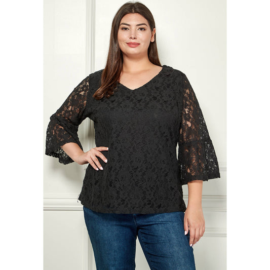 PLUS SIZE V- NECK ELBOW SLEEVE LACE TOP G9018250PX