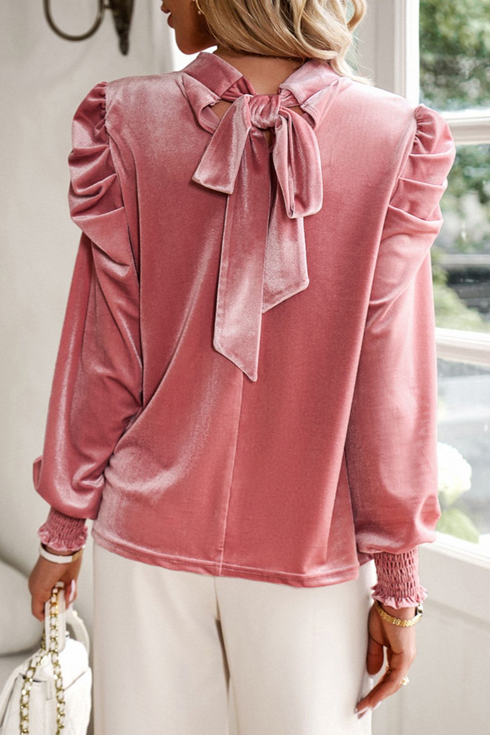 Tie Up Mock Neck Velvet Fabric Long Sleeve Blouse