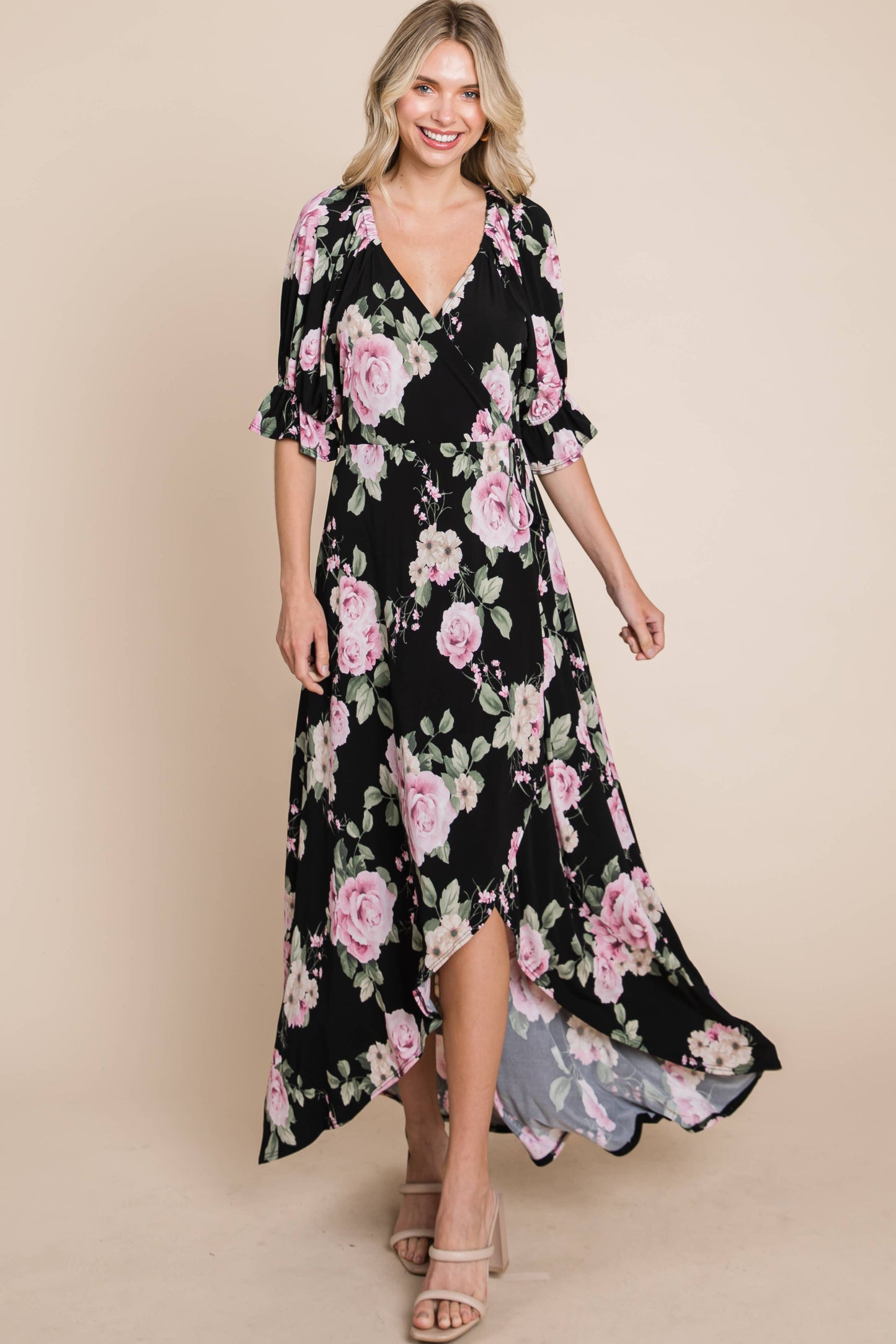 ETD-839 Floral Faux Wrap High Low Maxi Dress