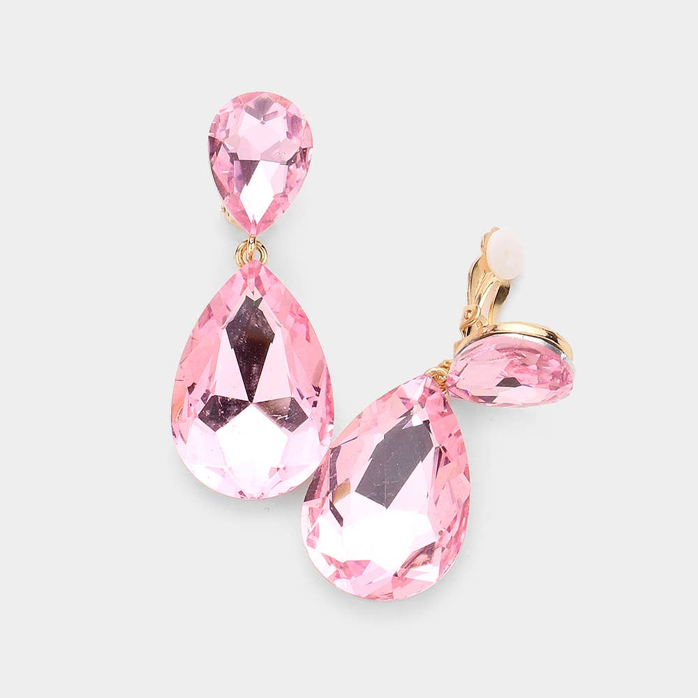Glass Crystal Double Teardrop Clip on Evening Earrings