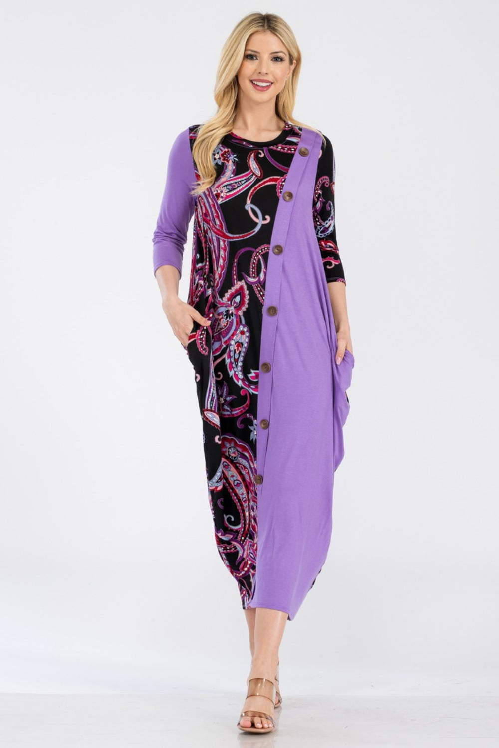 Full Size Paisley Contrast Midi Dress with Pockets