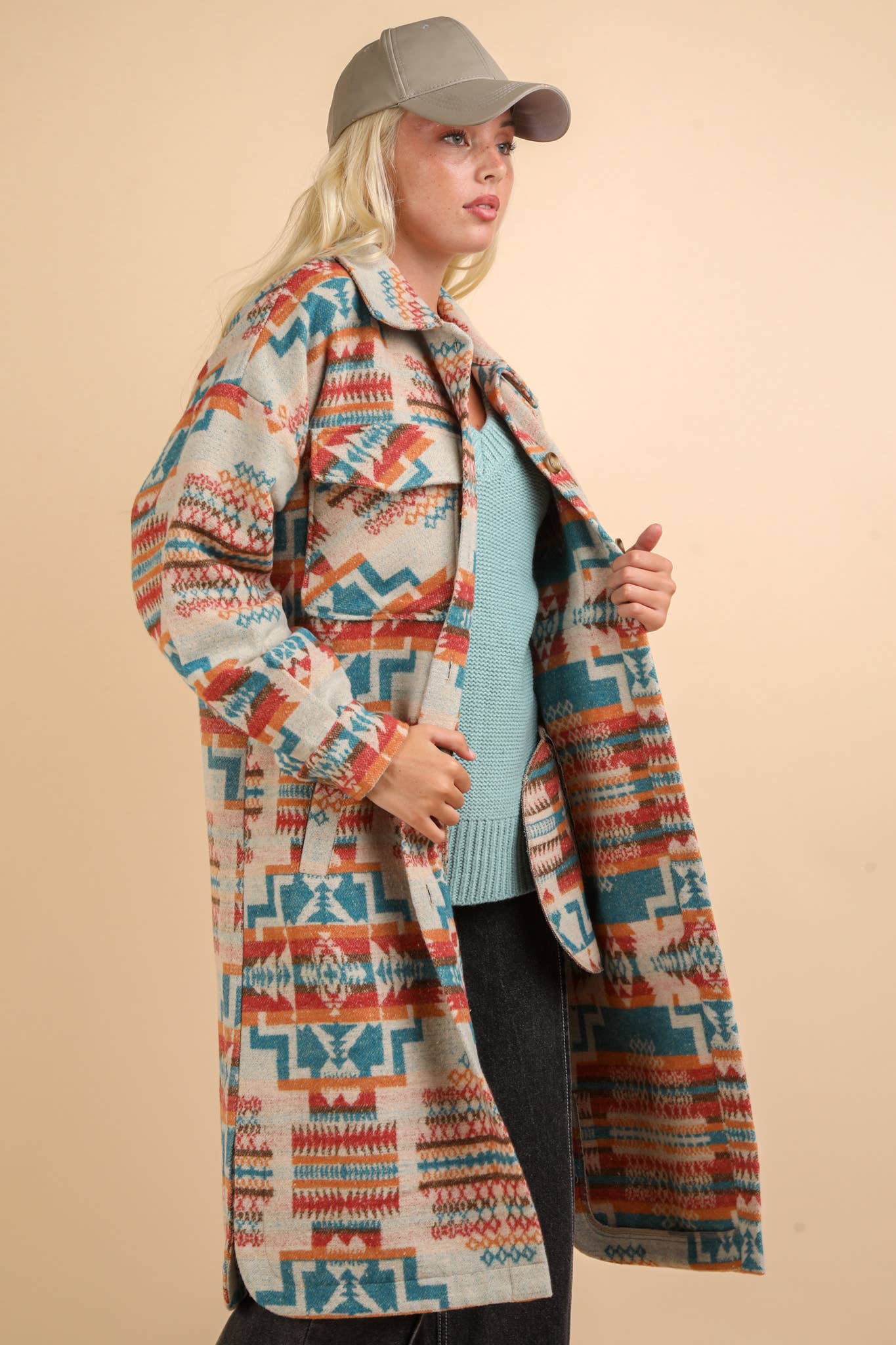 NJ90325-Aztec & Plaid Printed Shacket Jacket Coat
