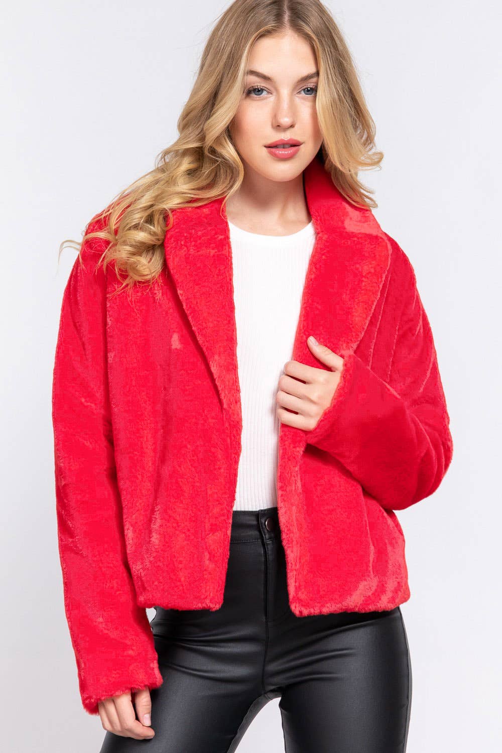 ..._ SI-21480 NOTCHED COLLAR OPEN FRONT  FAUX FUR JACKET