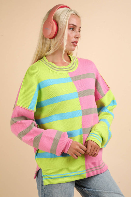 12W3185N-Color Block Oversized Striped Knit Sweater Top