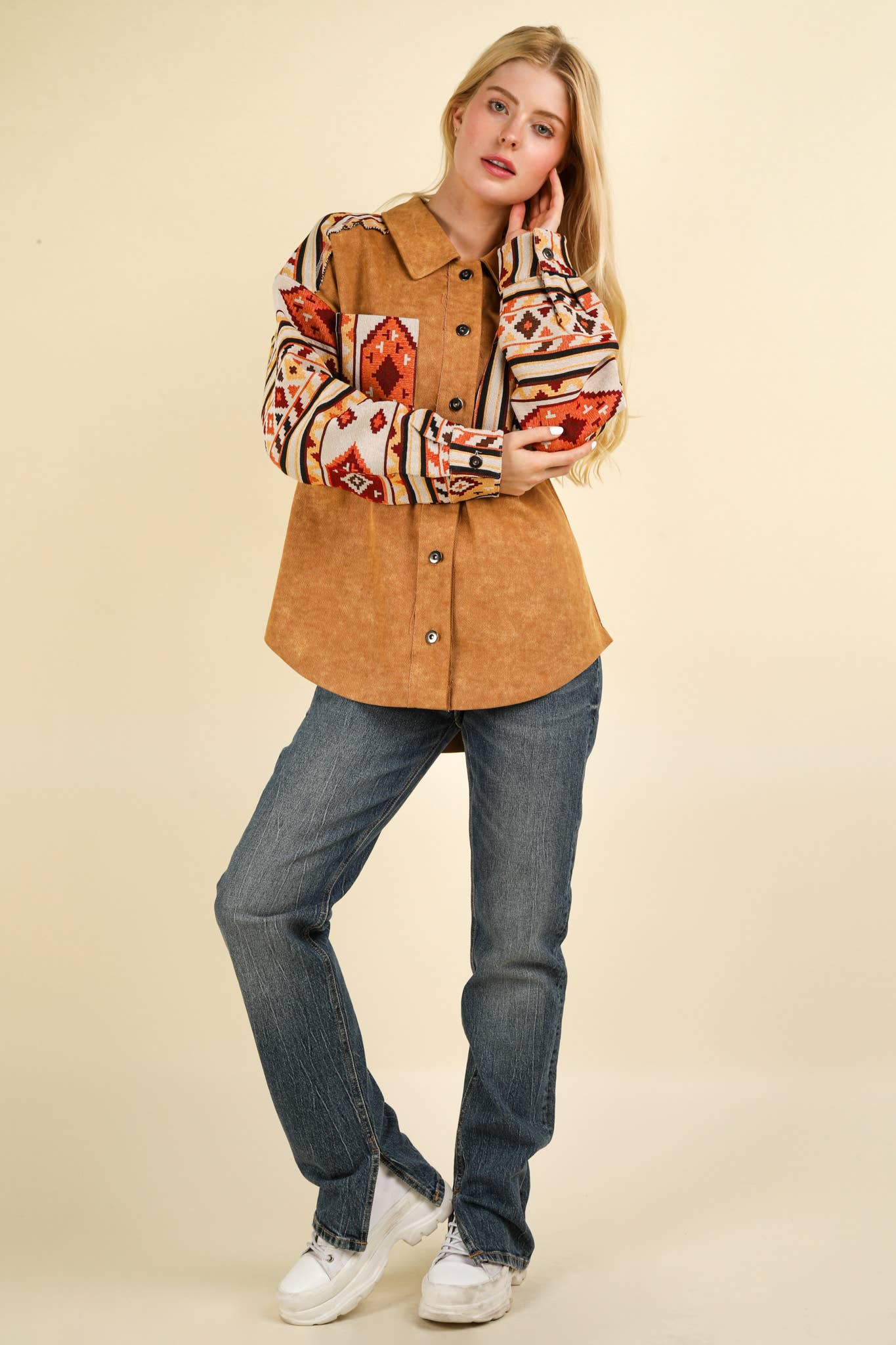 NJ90328-Aztec Graphic Oversized Button Down Shacket Jacket
