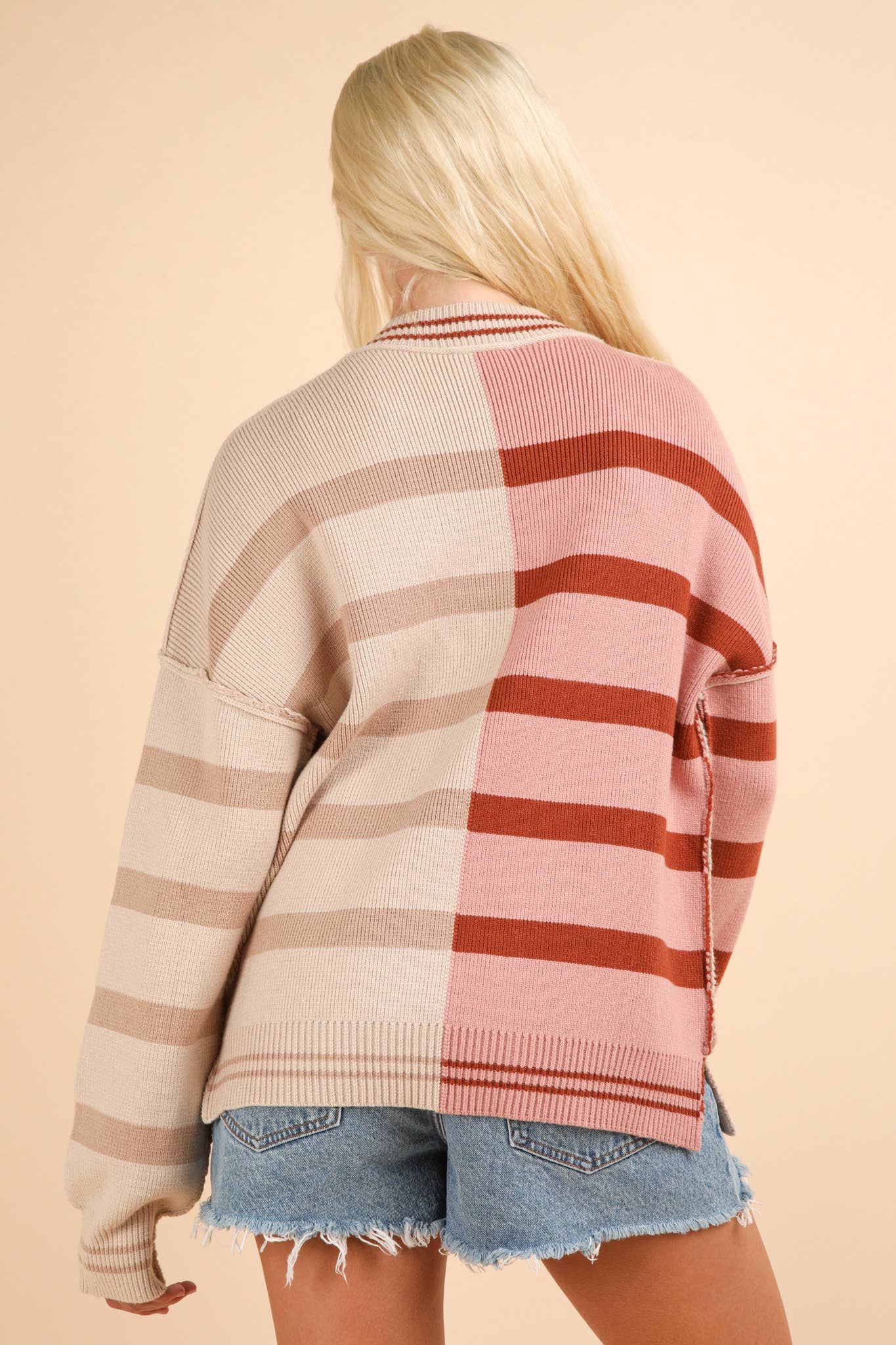 12W3185N-Color Block Oversized Striped Knit Sweater Top
