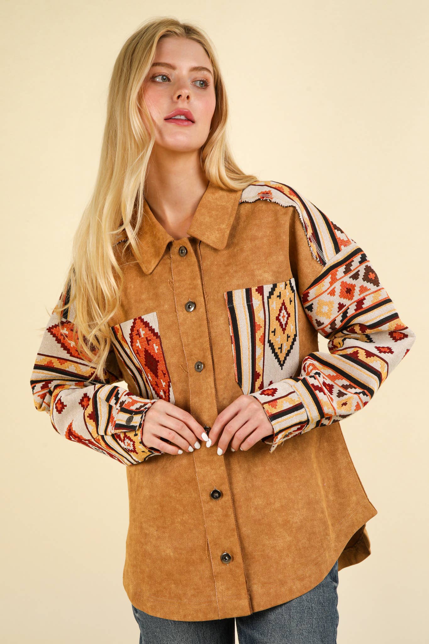 NJ90328-Aztec Graphic Oversized Button Down Shacket Jacket