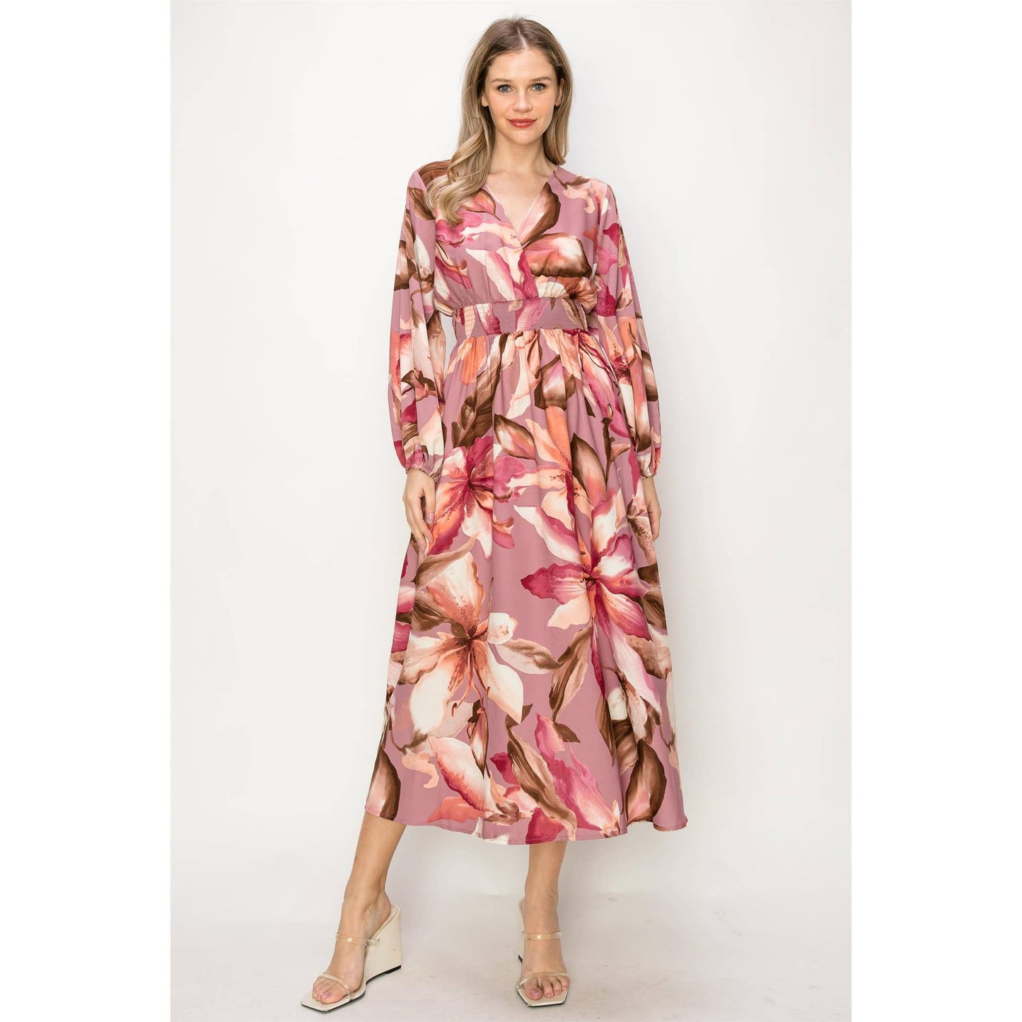 OL24A140-LONG SLEEVE STRETCH WAIST MAXI DRESS