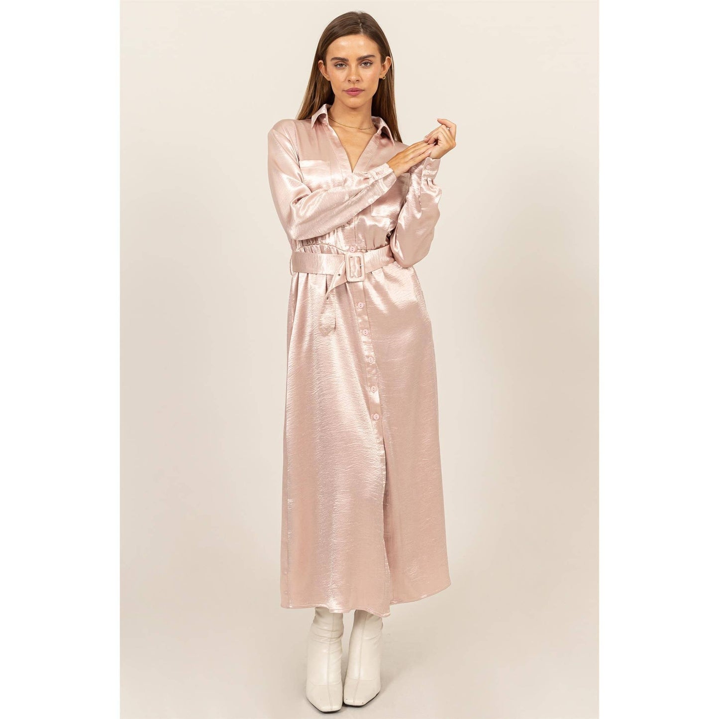 HF24C828-SATIN SHIRT DRESS WITH BELT