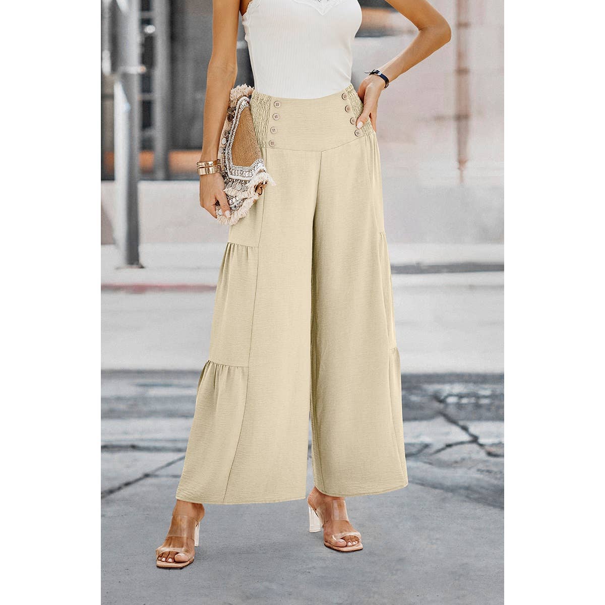 Elastic High Waist Wide Leg Long Palazzo Pants