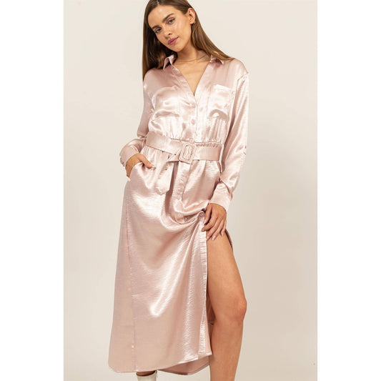 HF24C828-SATIN SHIRT DRESS WITH BELT