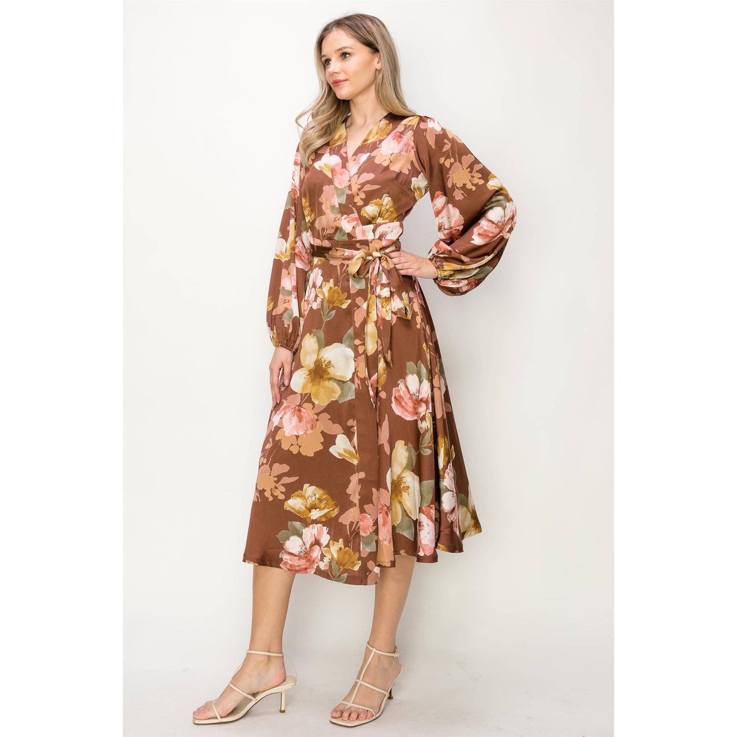 SATIN FLORAL LONG SLEEVE V-NECK WRAP MAXI DRESS