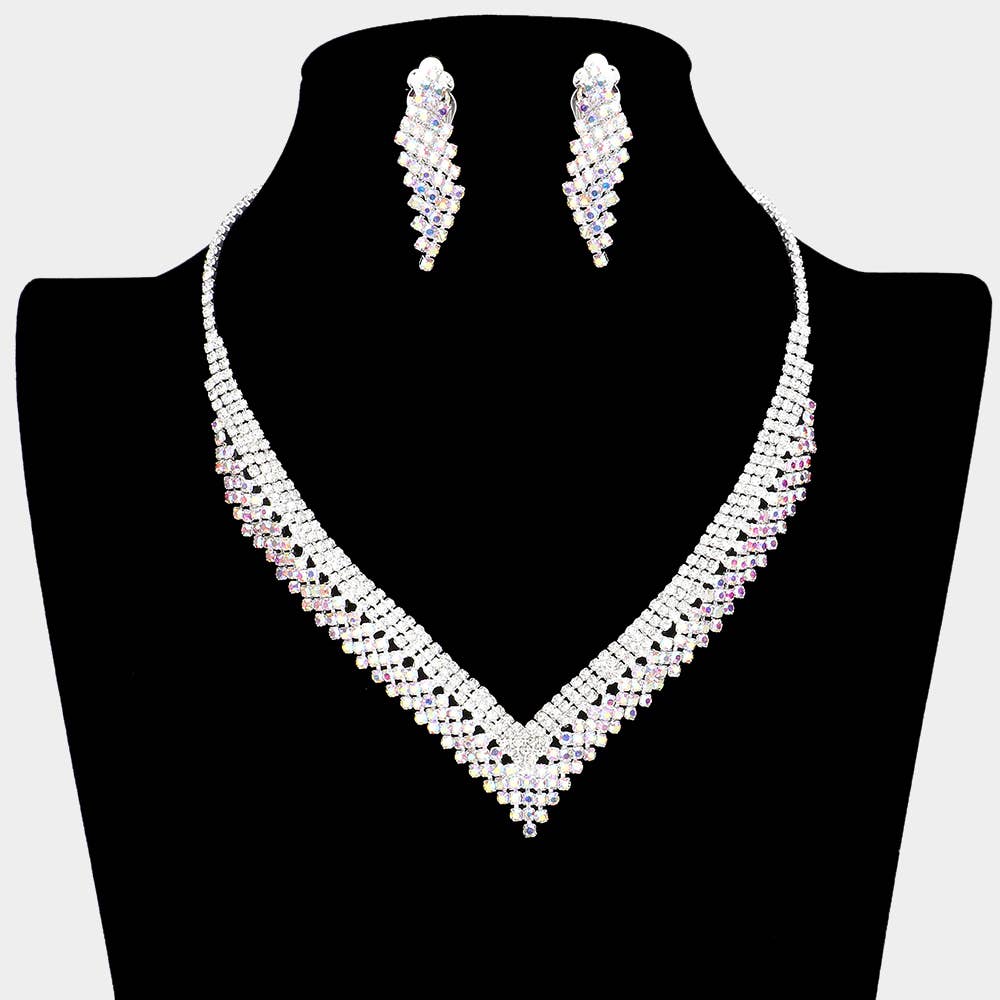 Rhinestone Paved V Shaped Necklace Clip on Earring Set