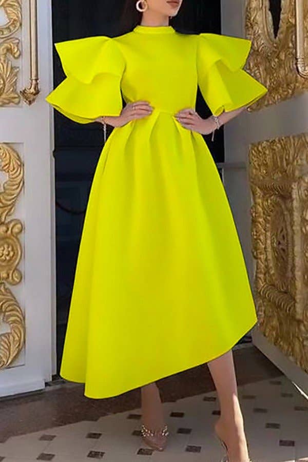 DOUBLE LOTUS SLEEVES SOLID COLOR SWING DRESS