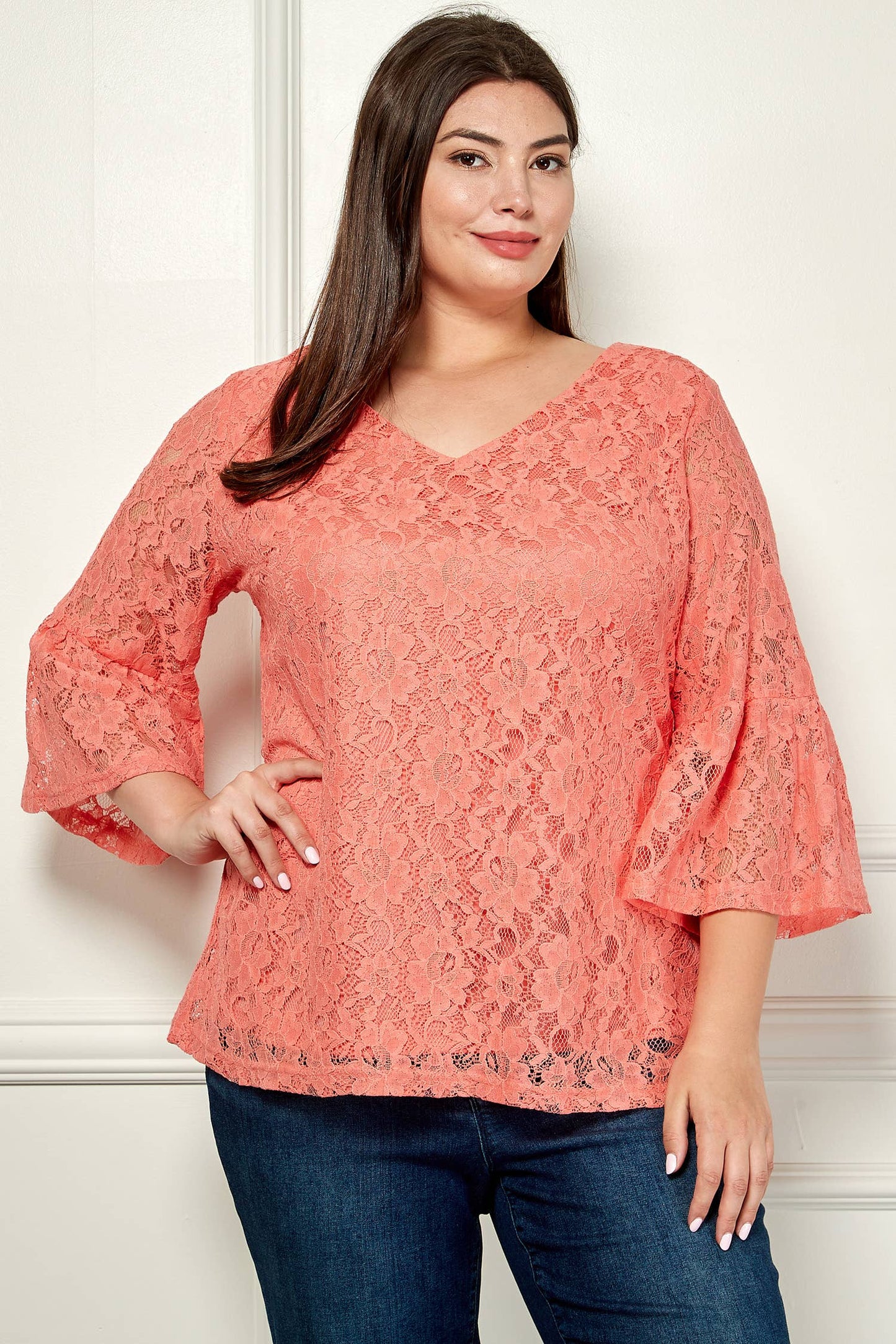 PLUS SIZE V- NECK ELBOW SLEEVE LACE TOP G9018250PX