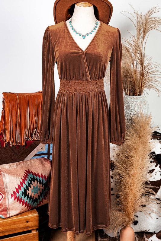 Fashion-W V Neck Smocked High Waist Velvet Midi Dress