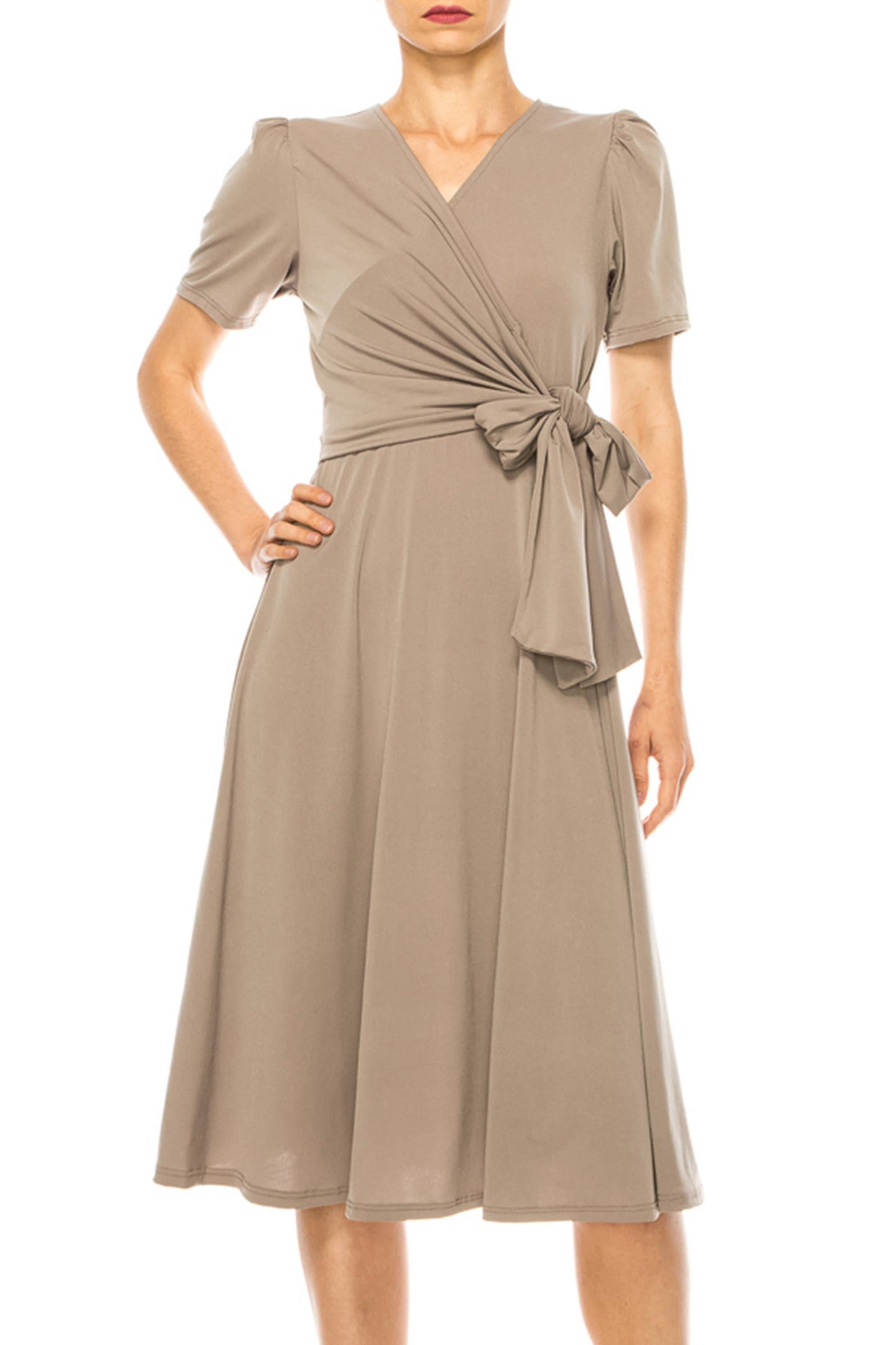Stylish Solid Faux Wrap Dress with Deep V-Neck