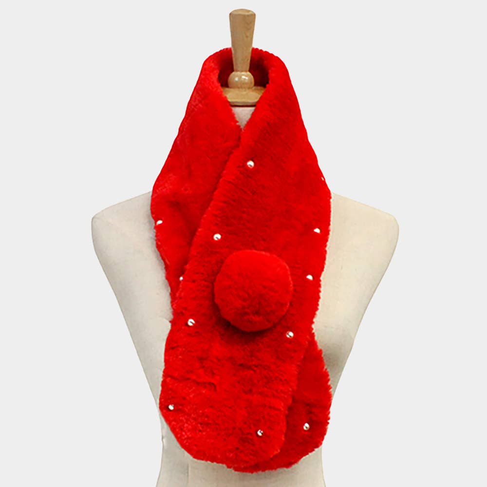 Pearl Embellished Faux Fur Pom Pom Pull Through Scarf