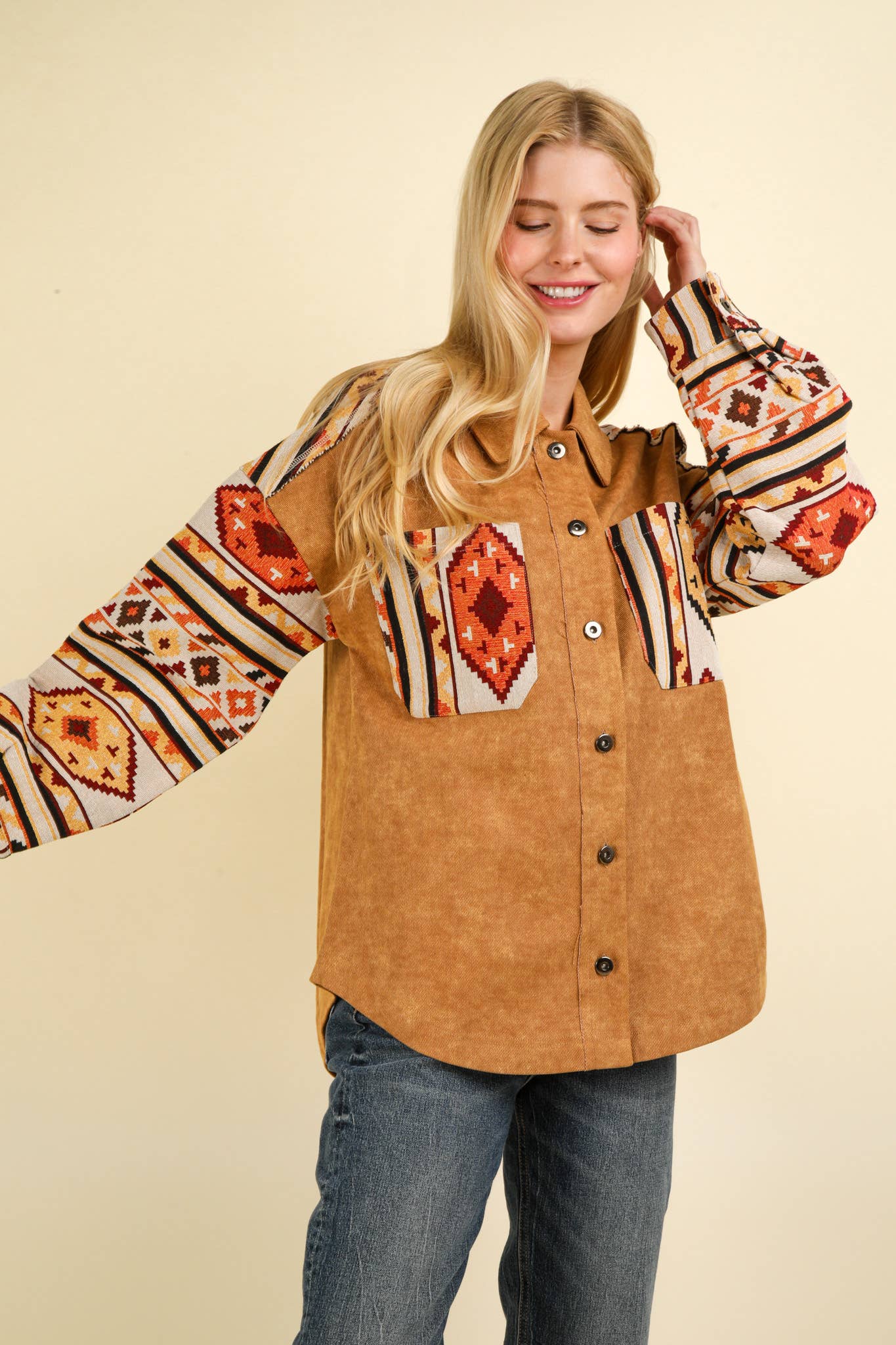 NJ90328-Aztec Graphic Oversized Button Down Shacket Jacket