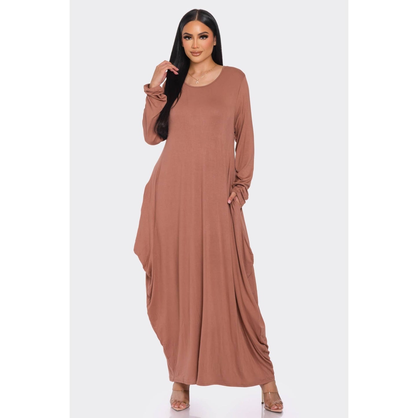 Solid Maxi Long Sleeve Tunic Dress with Pockets