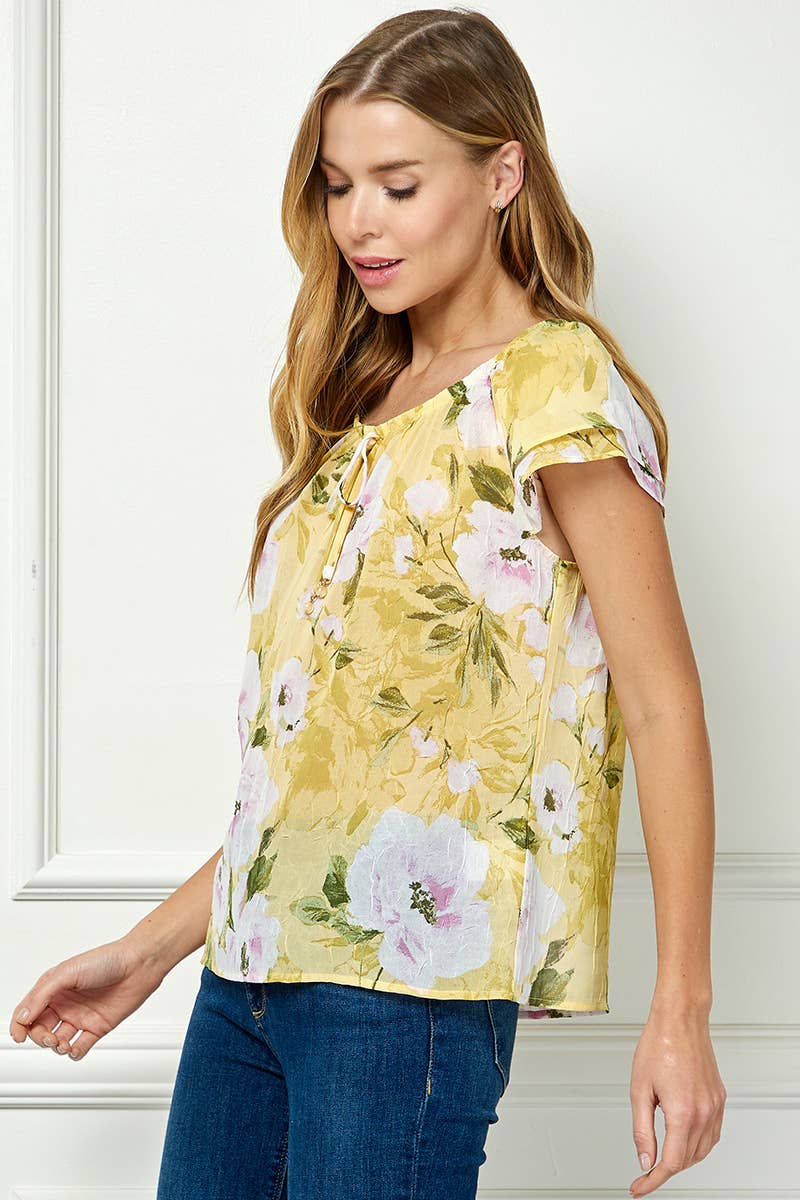 DOUBLE FLUTTER SLEEVE BEADED TIE NECK BLOUSE
