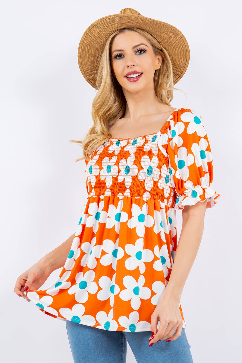 FLORAL PRINT SMOCKED TOP WITH PUFF SLEEVE -CT43822A