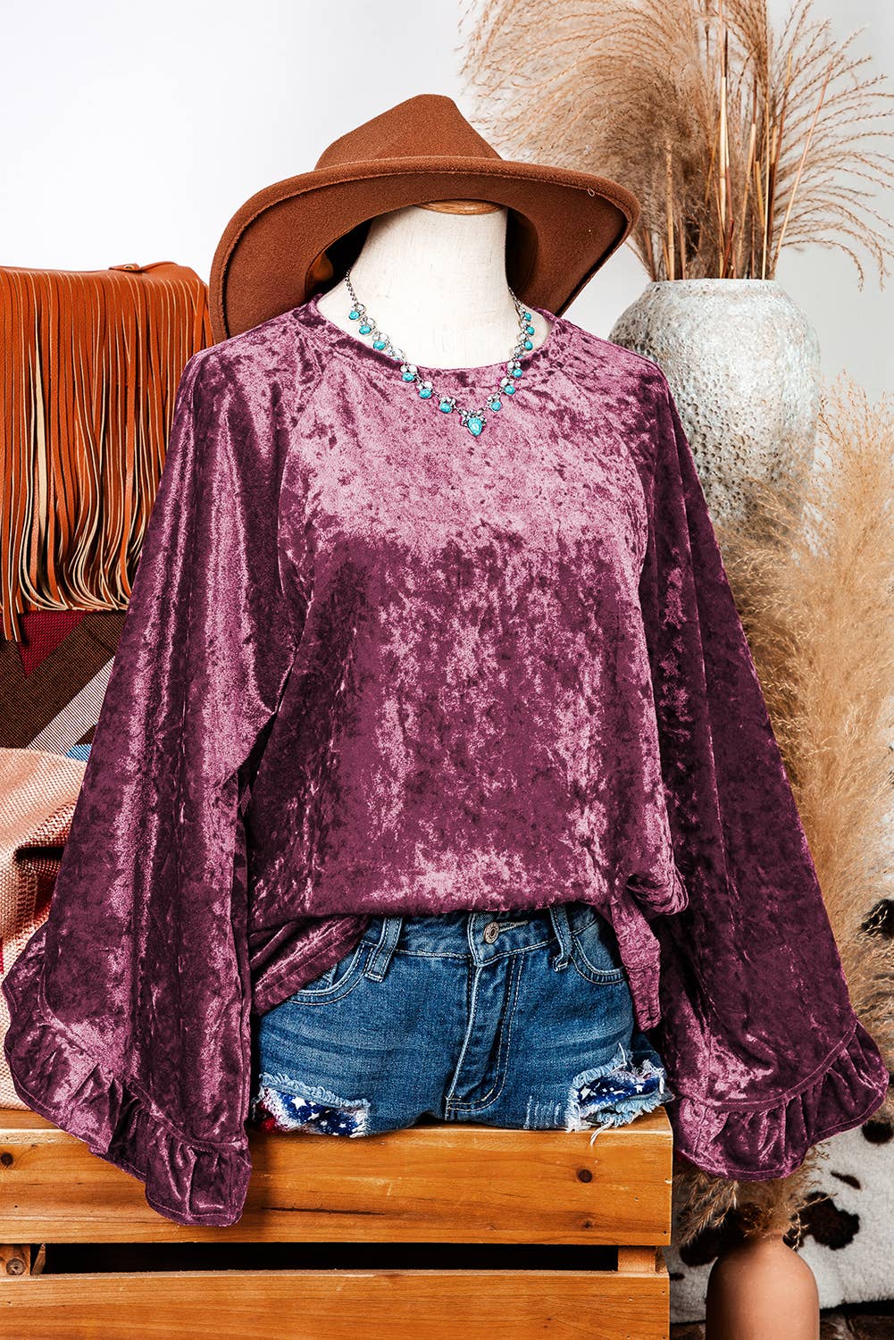 Fashion-W Velvet Pagoda Sleeve Crew Neck Top