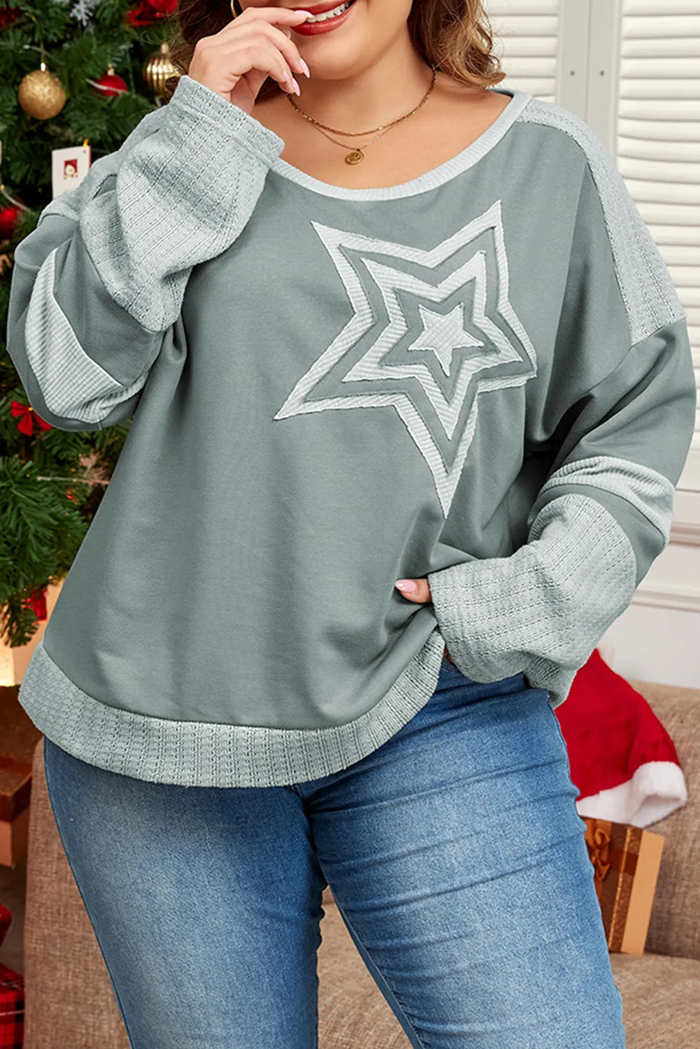 Plus Size Star Round Neck Long Sleeve Top