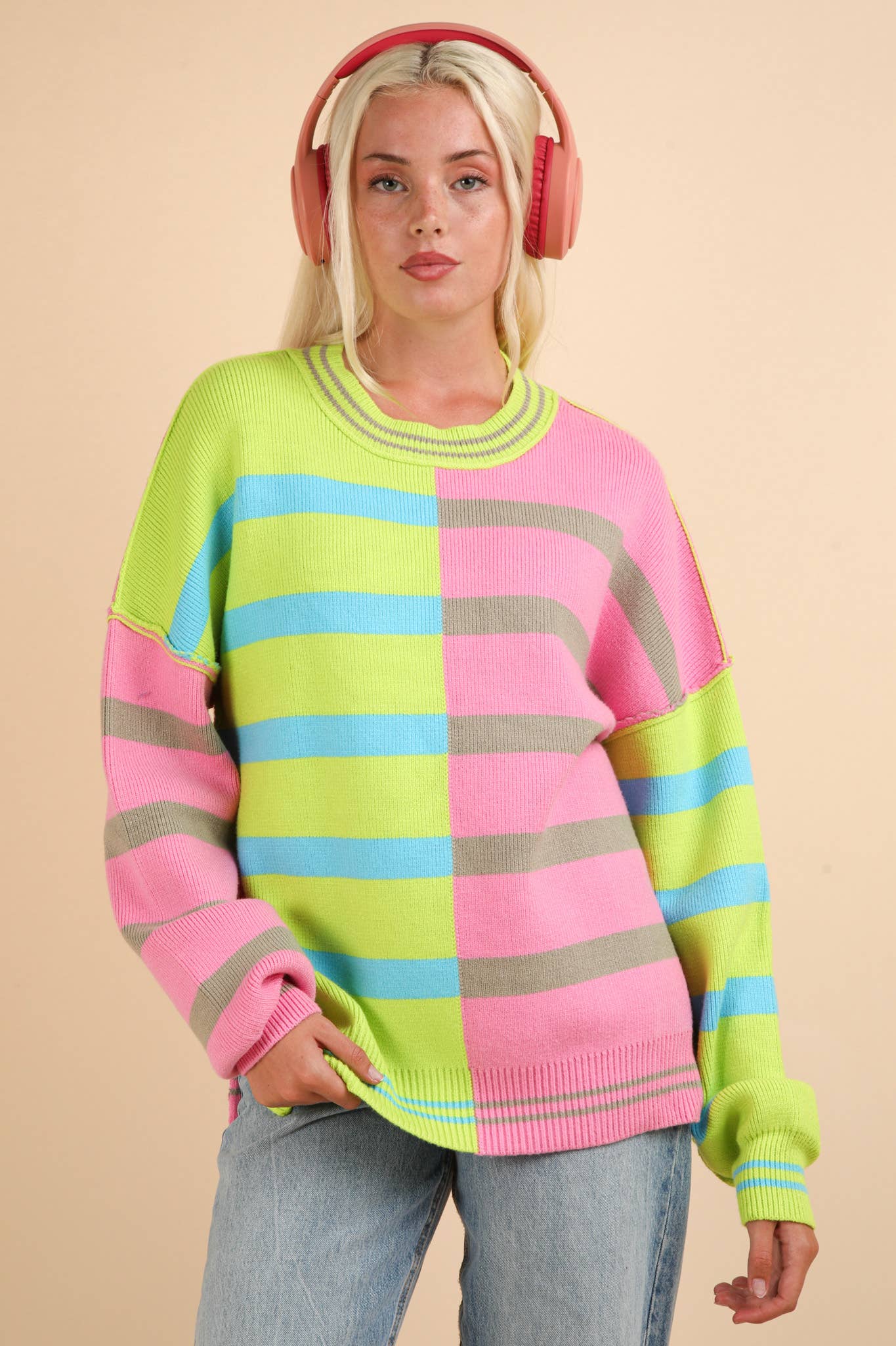 12W3185N-Color Block Oversized Striped Knit Sweater Top