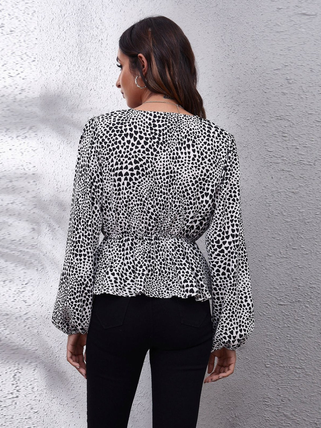 Ruched Printed V-Neck Long Sleeve Blouse